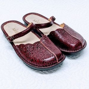 Alegria Tuscany Oxblood Bloom Floral Leather Mules Clogs